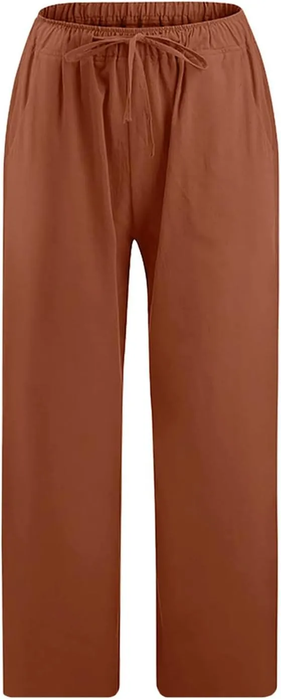 Women Cotton Linen Capris Casual Summer High Waisted Drawstring Carpi Pants Loose Comfy Cropped Trousers