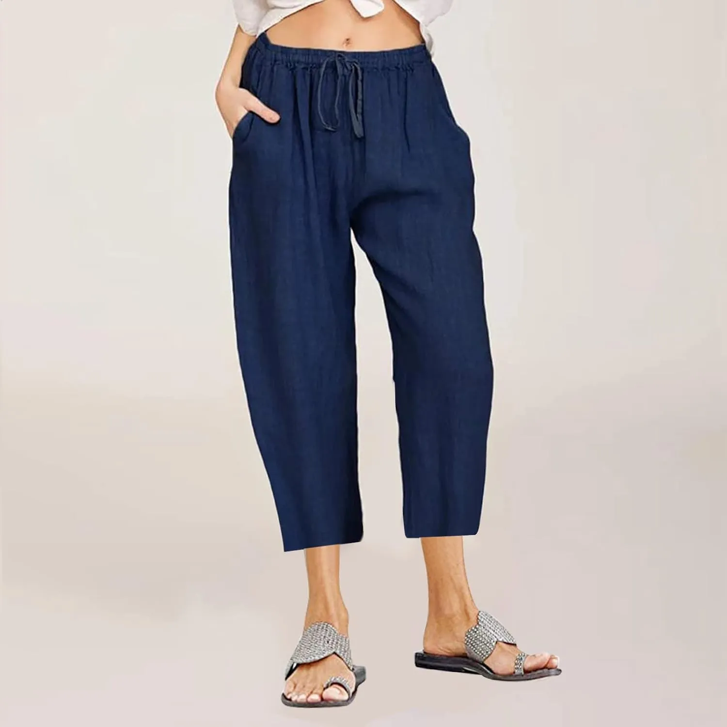 Women Cotton Linen Capris Casual Summer High Waisted Drawstring Carpi Pants Loose Comfy Cropped Trousers