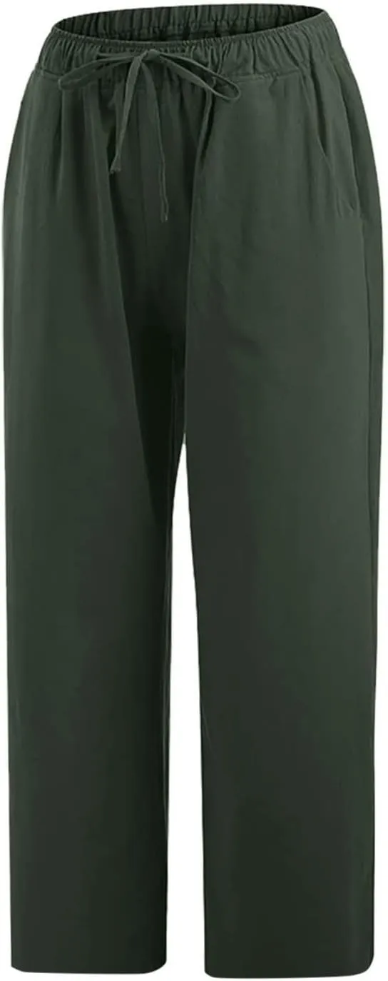 Women Cotton Linen Capris Casual Summer High Waisted Drawstring Carpi Pants Loose Comfy Cropped Trousers