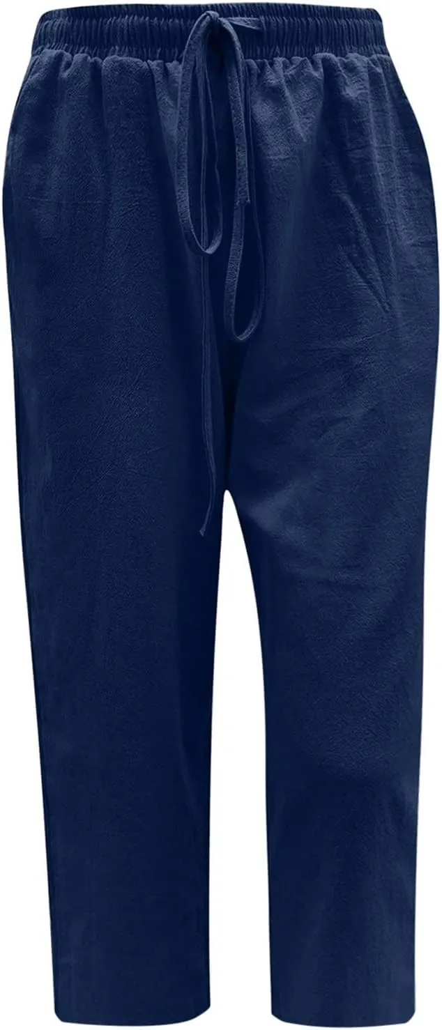 Women Cotton Linen Capris Casual Summer High Waisted Drawstring Carpi Pants Loose Comfy Cropped Trousers