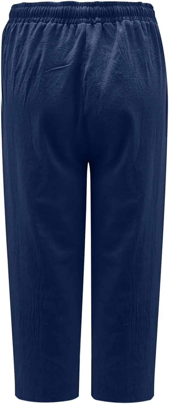 Women Cotton Linen Capris Casual Summer High Waisted Drawstring Carpi Pants Loose Comfy Cropped Trousers