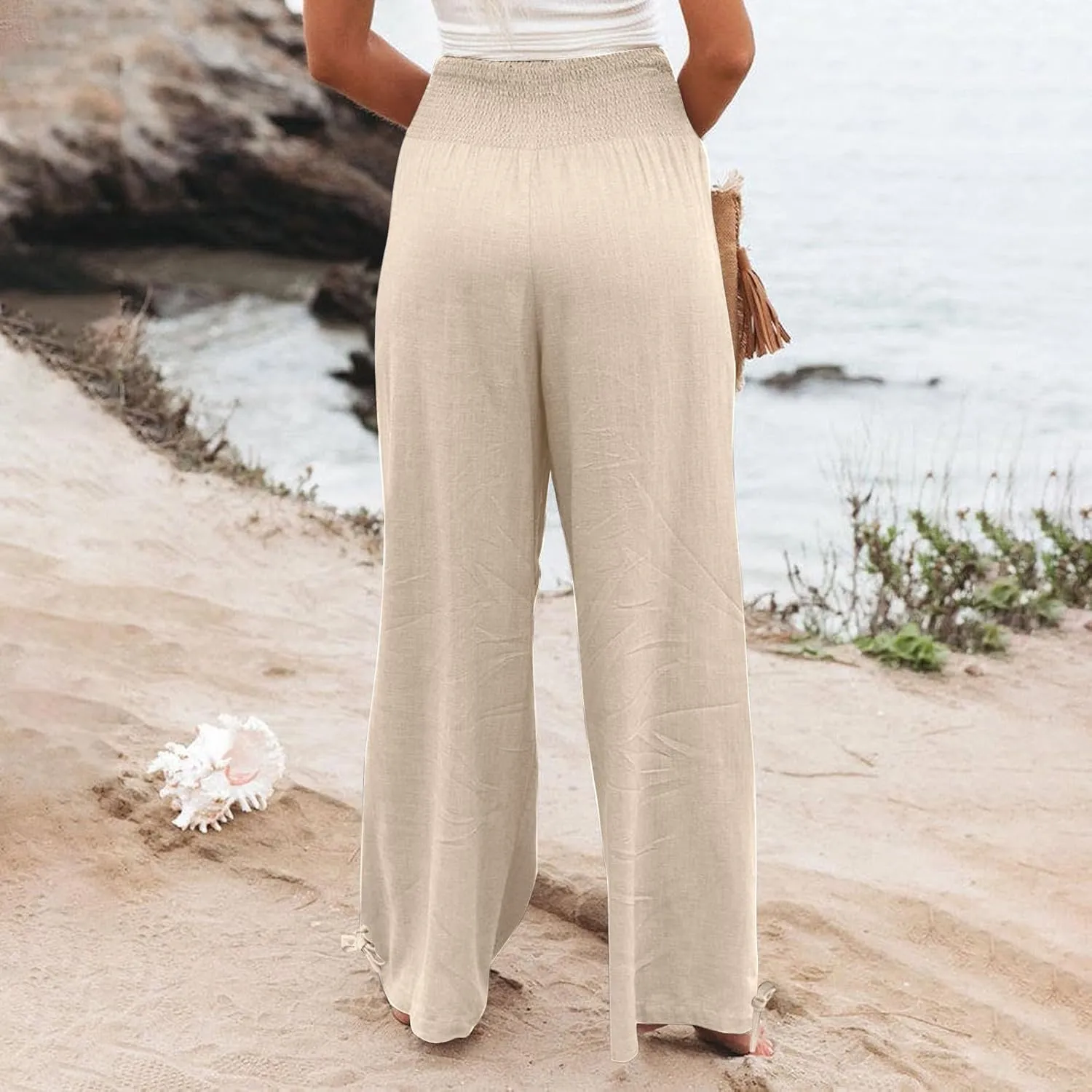 Women Cotton Linen Palazzo Pants Summer Boho Wide Leg High Waist Casual Loose Comfy Pants Trousers with Pocket