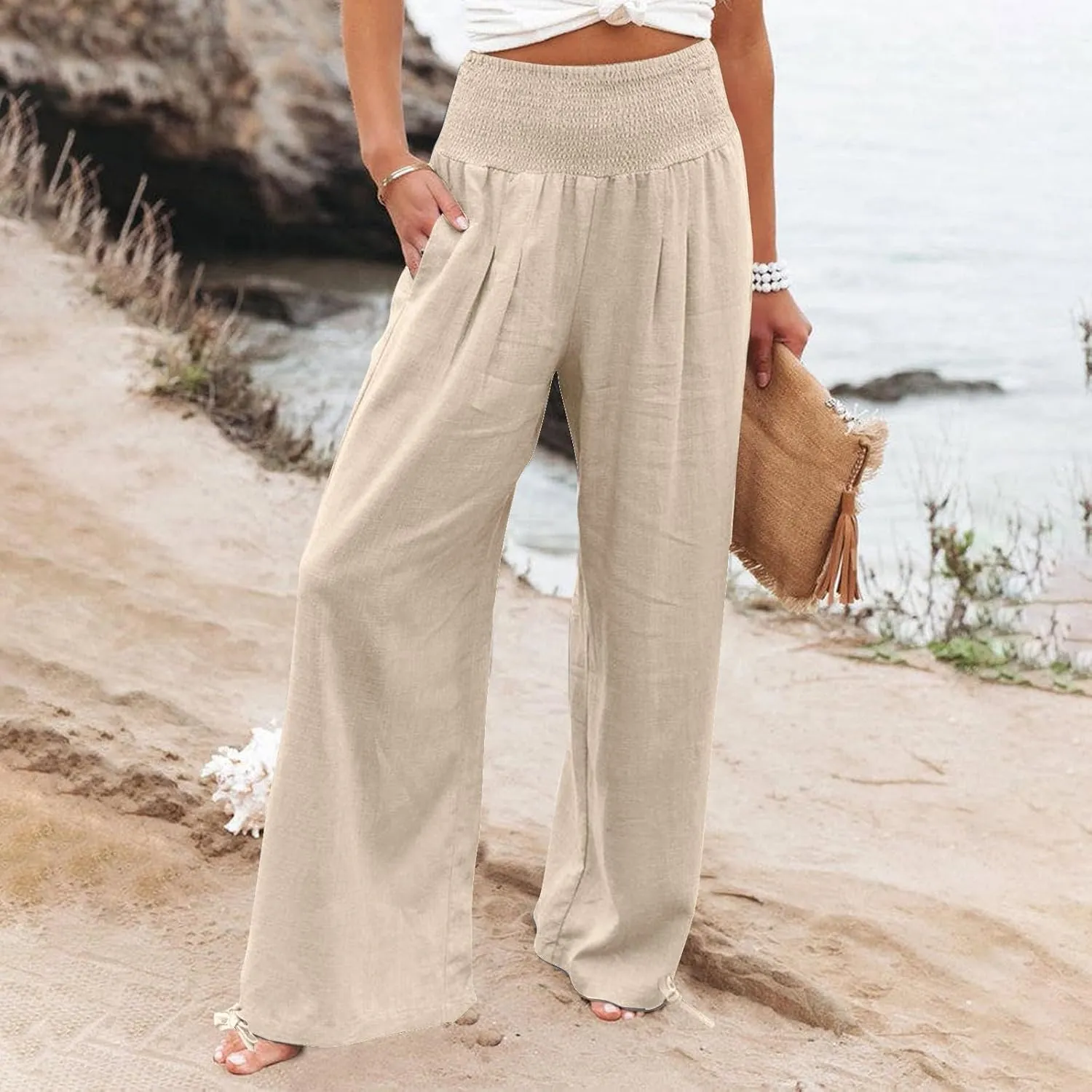 Women Cotton Linen Palazzo Pants Summer Boho Wide Leg High Waist Casual Loose Comfy Pants Trousers with Pocket