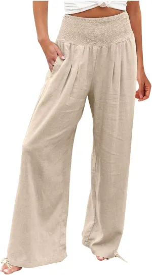 Women Cotton Linen Palazzo Pants Summer Boho Wide Leg High Waist Casual Loose Comfy Pants Trousers with Pocket