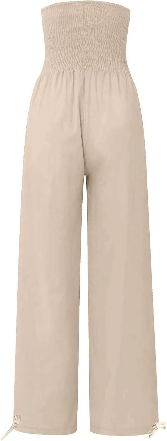 Women Cotton Linen Palazzo Pants Summer Boho Wide Leg High Waist Casual Loose Comfy Pants Trousers with Pocket