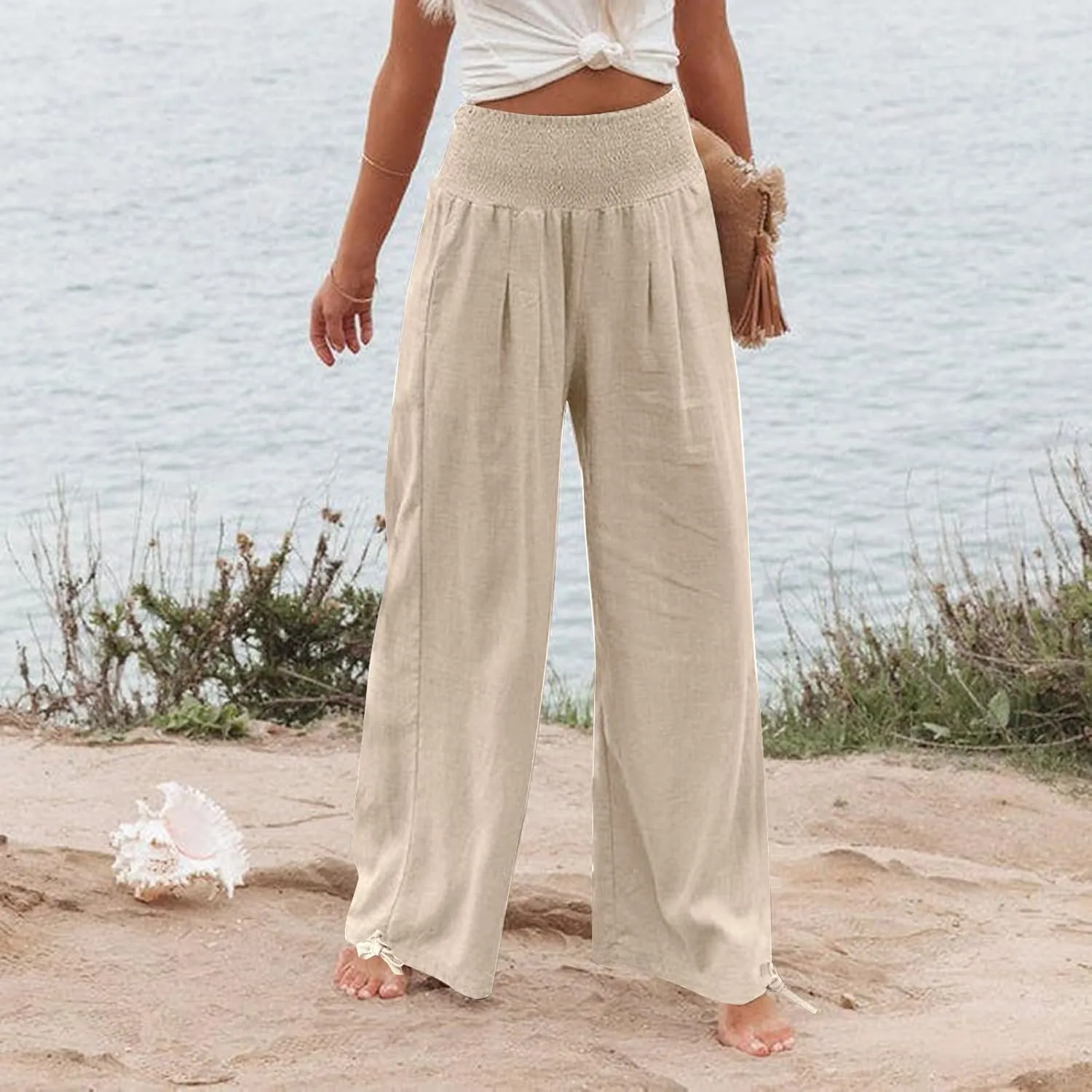 Women Cotton Linen Palazzo Pants Summer Boho Wide Leg High Waist Casual Loose Comfy Pants Trousers with Pocket