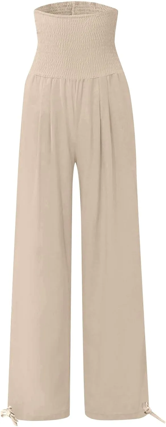 Women Cotton Linen Palazzo Pants Summer Boho Wide Leg High Waist Casual Loose Comfy Pants Trousers with Pocket