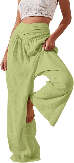 Women Culottes Wide Leg Pants Wide Leg Palazzo Linen Drawstring Cropped Trousers Elastic Waist Casual Pants Pockets