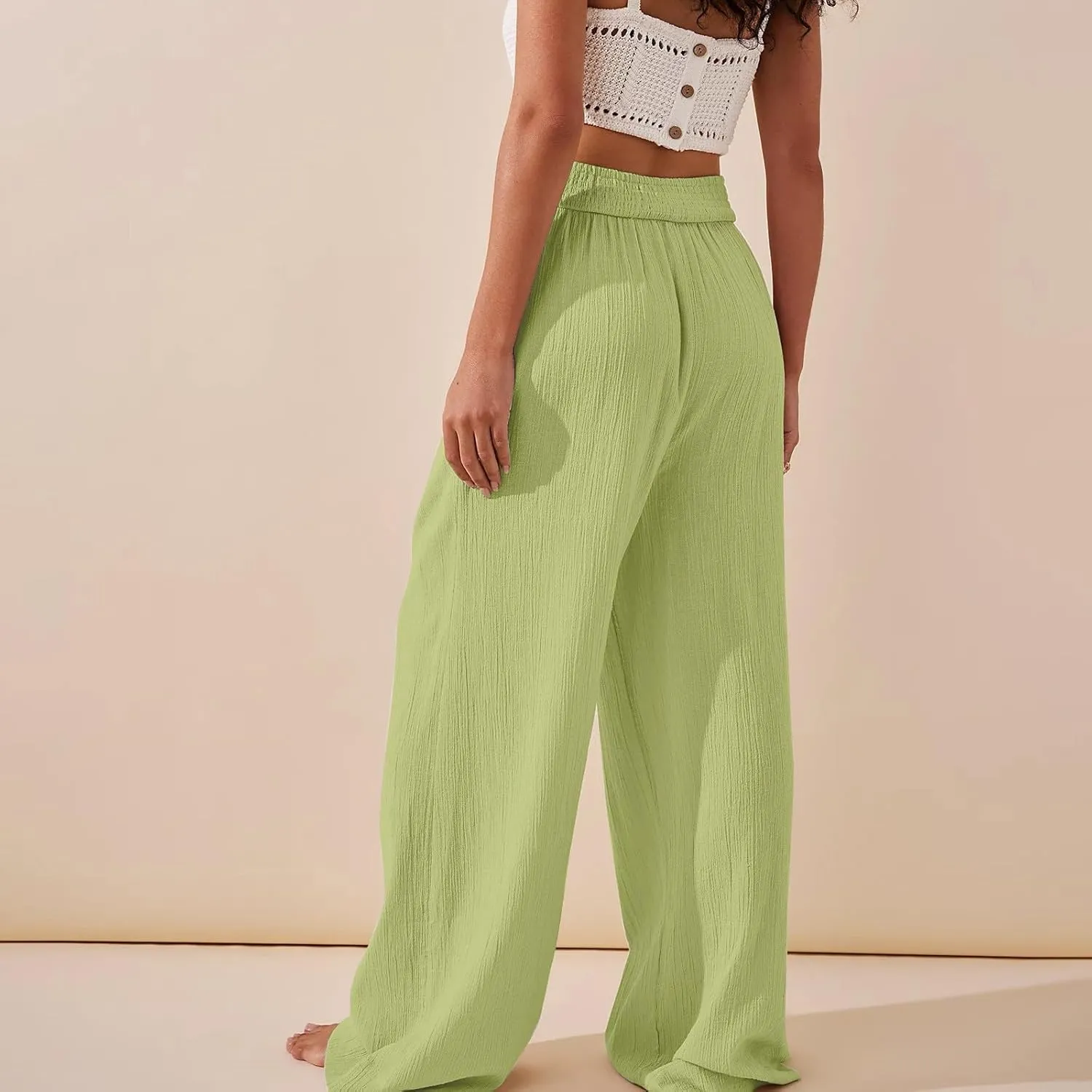 Women Culottes Wide Leg Pants Wide Leg Palazzo Linen Drawstring Cropped Trousers Elastic Waist Casual Pants Pockets