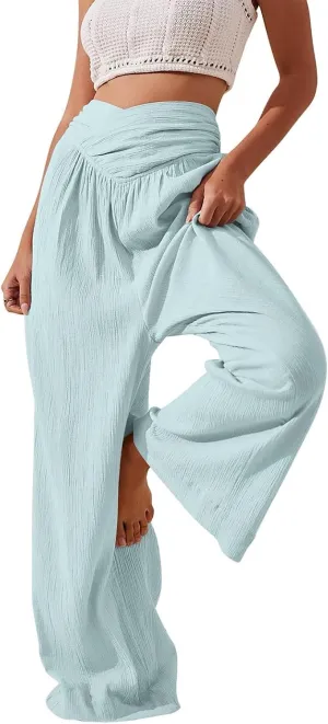 Women Culottes Wide Leg Pants Wide Leg Palazzo Linen Drawstring Cropped Trousers Elastic Waist Casual Pants Pockets