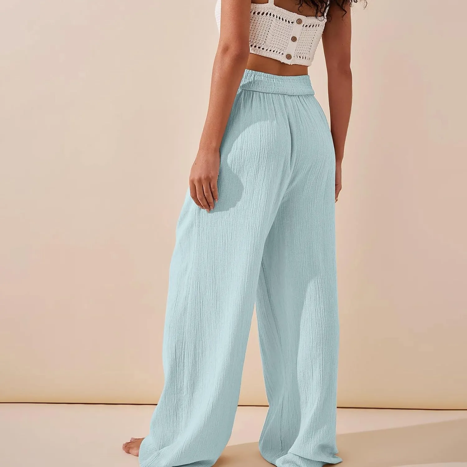 Women Culottes Wide Leg Pants Wide Leg Palazzo Linen Drawstring Cropped Trousers Elastic Waist Casual Pants Pockets