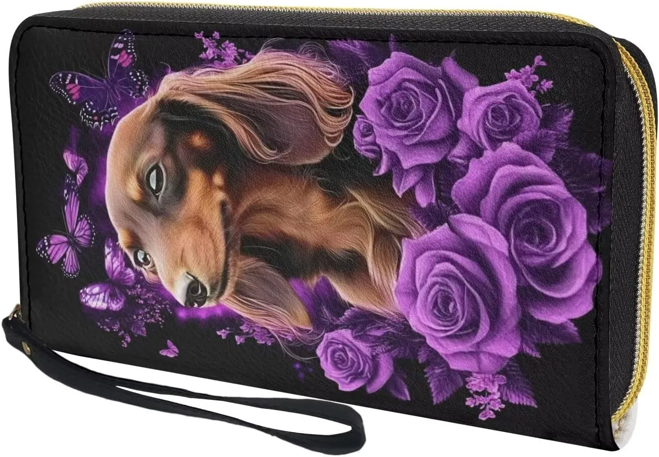 Women Cute Wallets Dachshund Floral Long Zipper Coin Purse Card Holder Handbags Wallet Purses Clutch Money Wristlet Bags