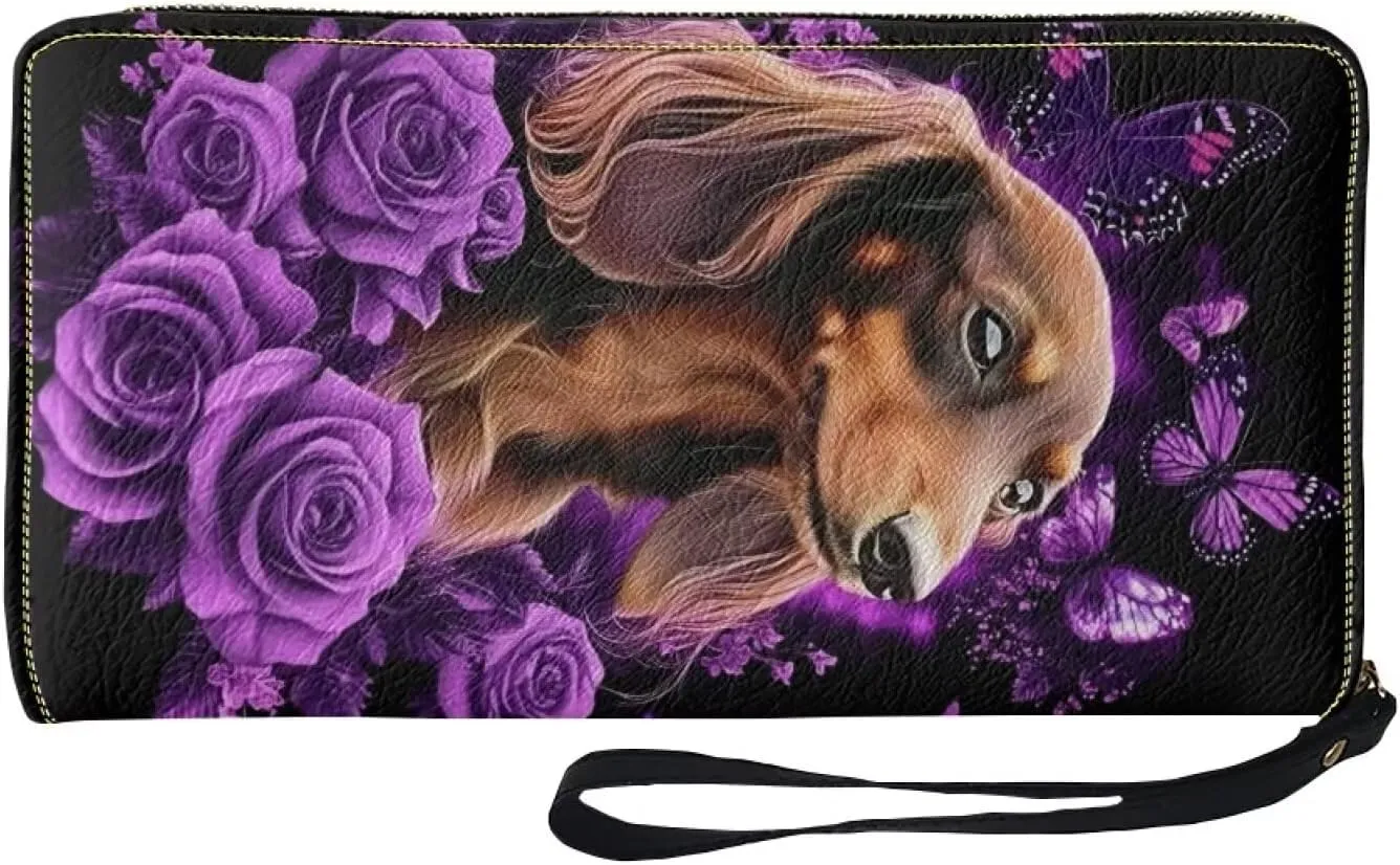 Women Cute Wallets Dachshund Floral Long Zipper Coin Purse Card Holder Handbags Wallet Purses Clutch Money Wristlet Bags