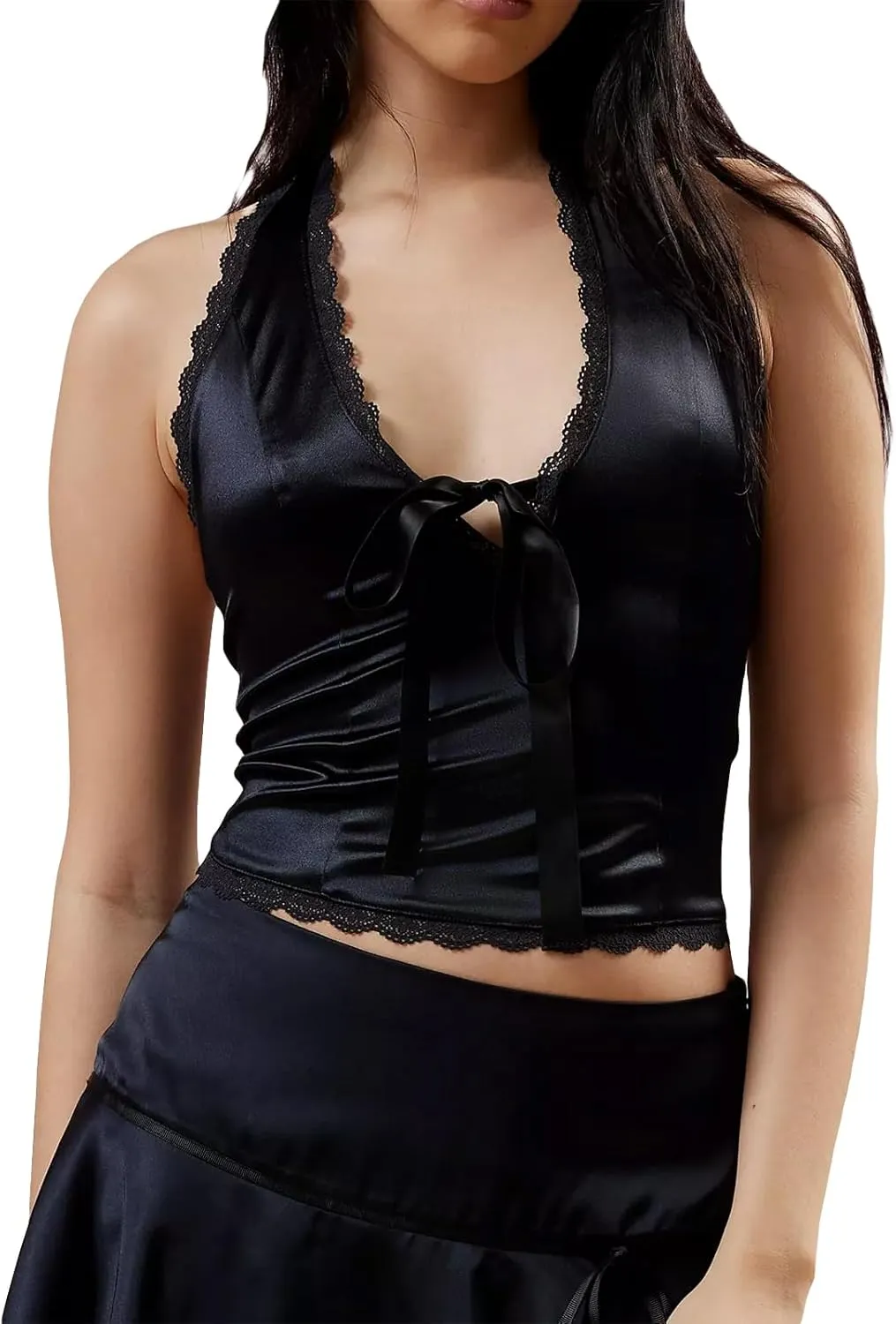 Women Deep v Neck Bowtie Halter Cami Vest Solid Color Sleeveless Satin Tank Top Bodycon Backless Going Out Top