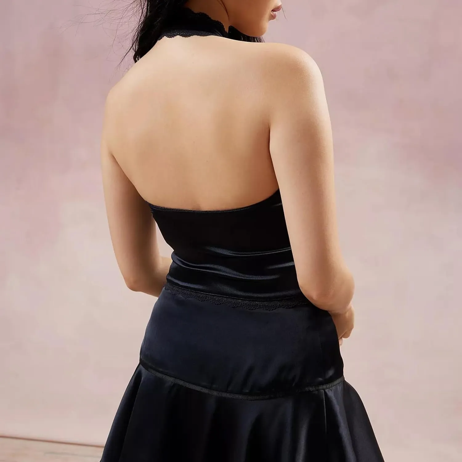 Women Deep v Neck Bowtie Halter Cami Vest Solid Color Sleeveless Satin Tank Top Bodycon Backless Going Out Top
