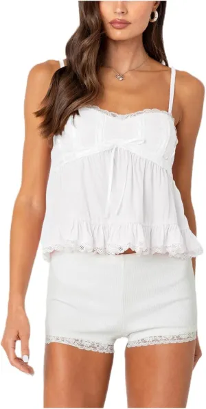 Women Fairy Lace Babydoll Top Y2K Lace Trim Spaghetti Strap Peplum Tank Top Slim Fit Backless Going Out Camisole