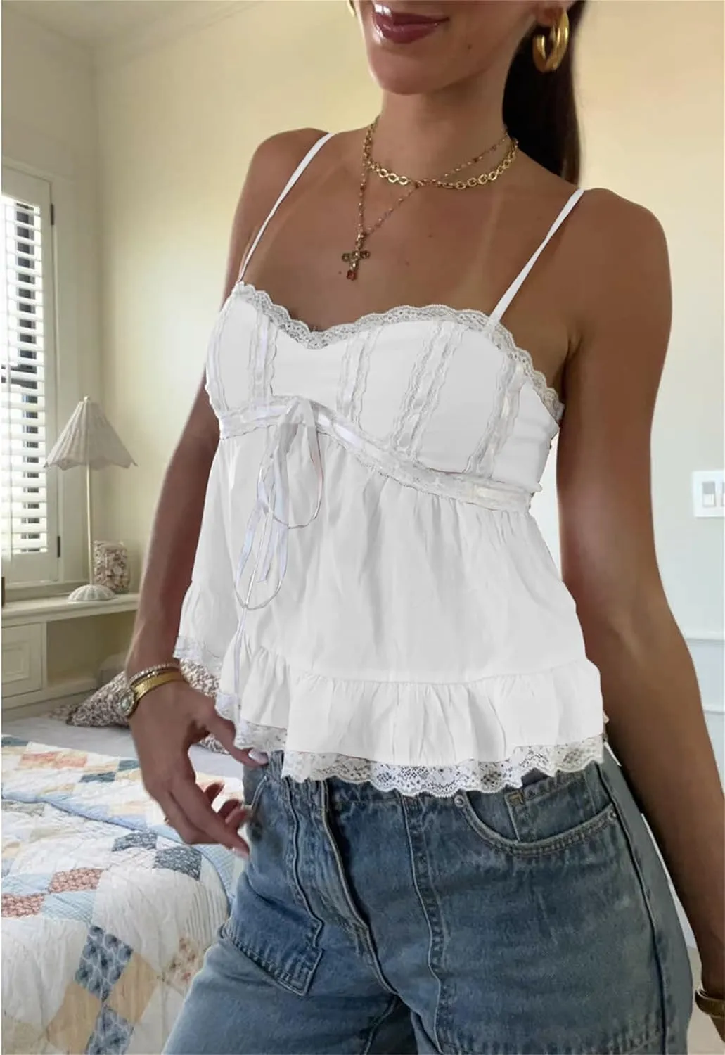 Women Fairy Lace Babydoll Top Y2K Lace Trim Spaghetti Strap Peplum Tank Top Slim Fit Backless Going Out Camisole