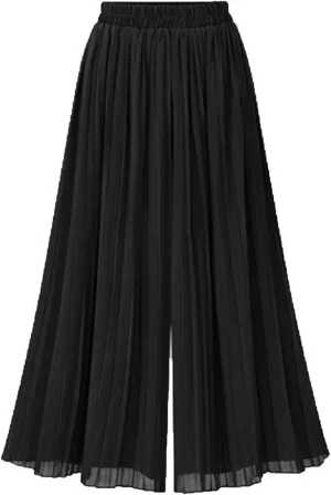 Women Flowy Chiffon Pleated Palazzo Pants Summer High Waist Wide Leg Capri Pant Culottes Elegant Dancing Cropped Trousers
