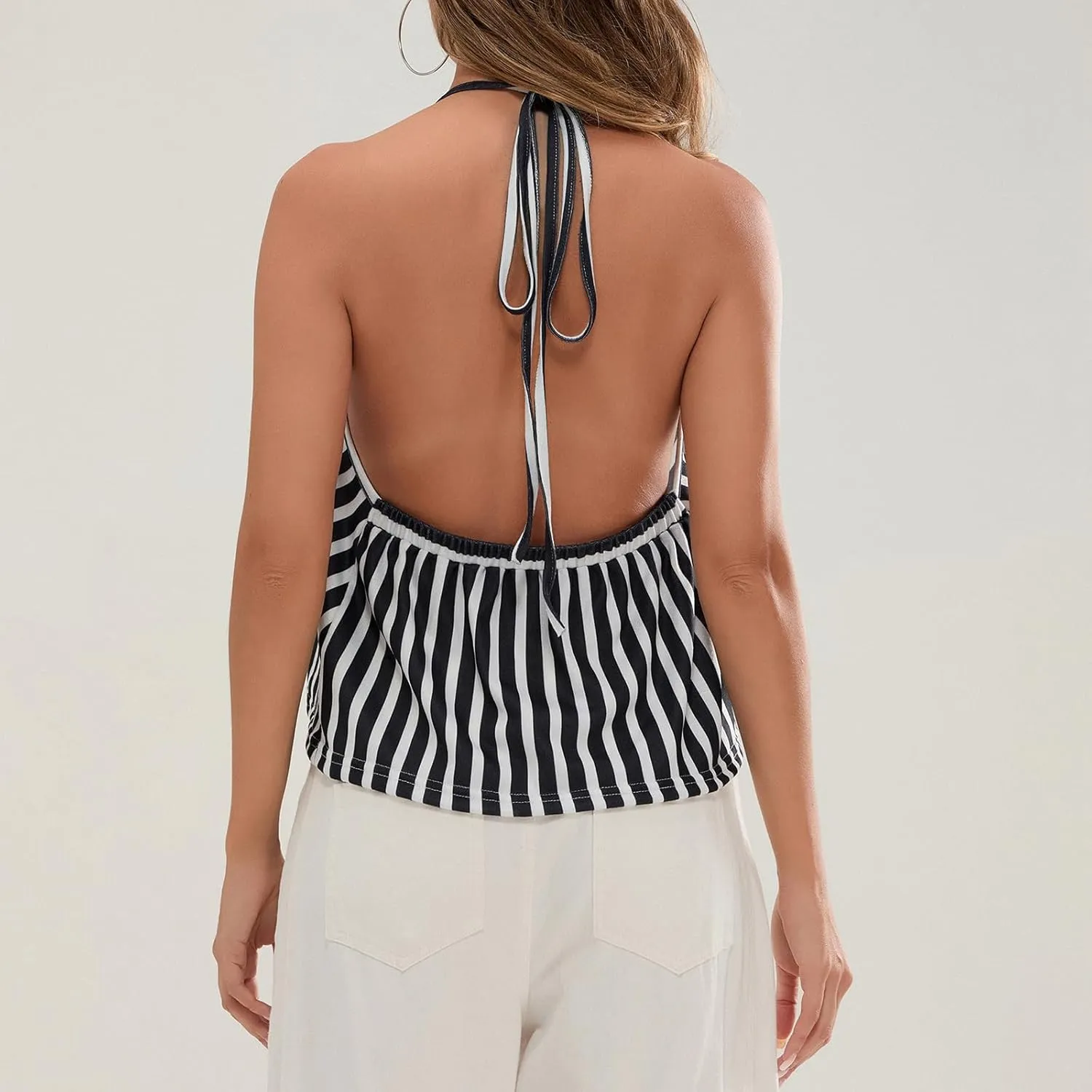 Women Halter Tank Top Peplum Camisole Striped Backless Sleeveless Ruffle Crop Top Pleated Flowy Y2k Cami Shirt