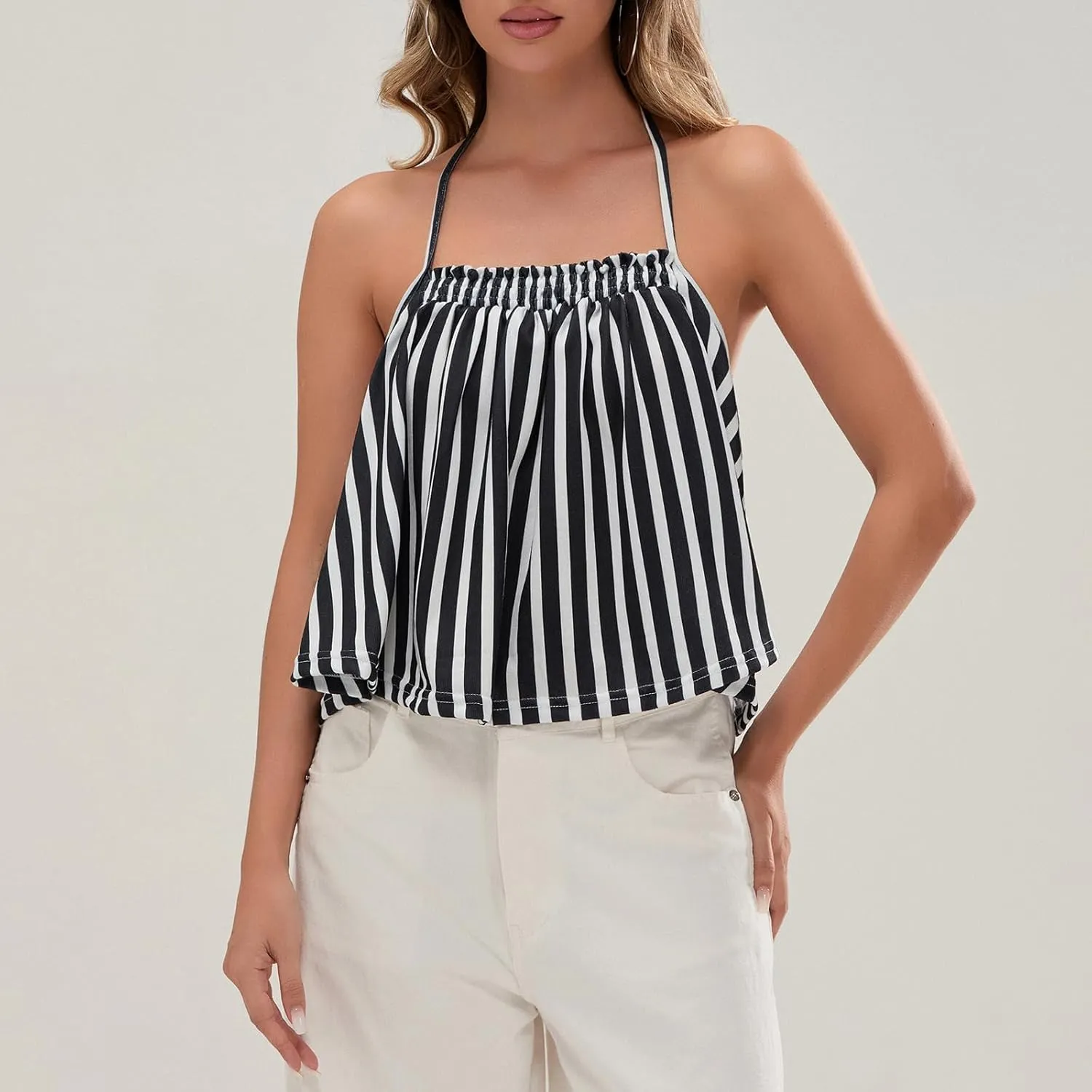 Women Halter Tank Top Peplum Camisole Striped Backless Sleeveless Ruffle Crop Top Pleated Flowy Y2k Cami Shirt