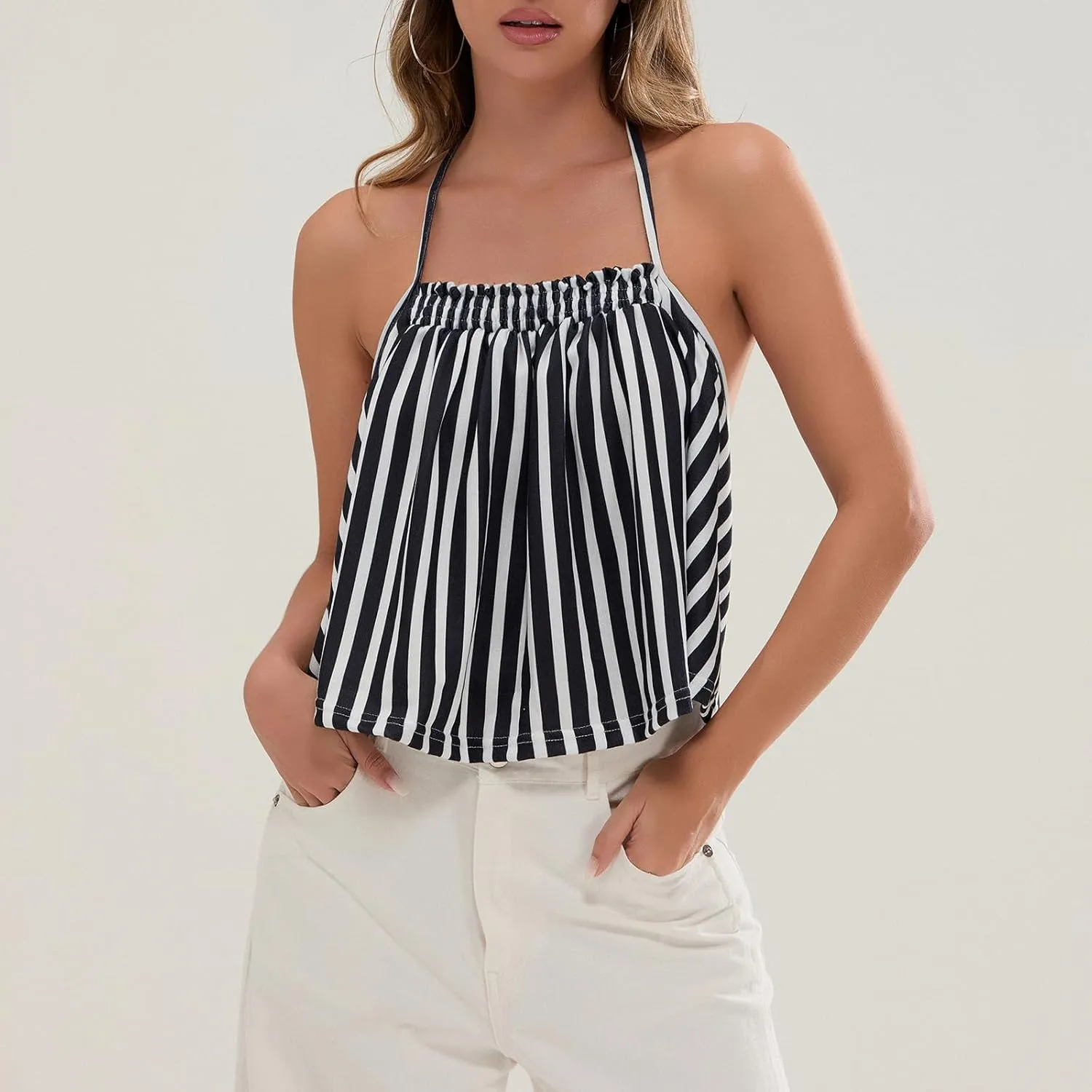 Women Halter Tank Top Peplum Camisole Striped Backless Sleeveless Ruffle Crop Top Pleated Flowy Y2k Cami Shirt