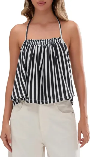 Women Halter Tank Top Peplum Camisole Striped Backless Sleeveless Ruffle Crop Top Pleated Flowy Y2k Cami Shirt
