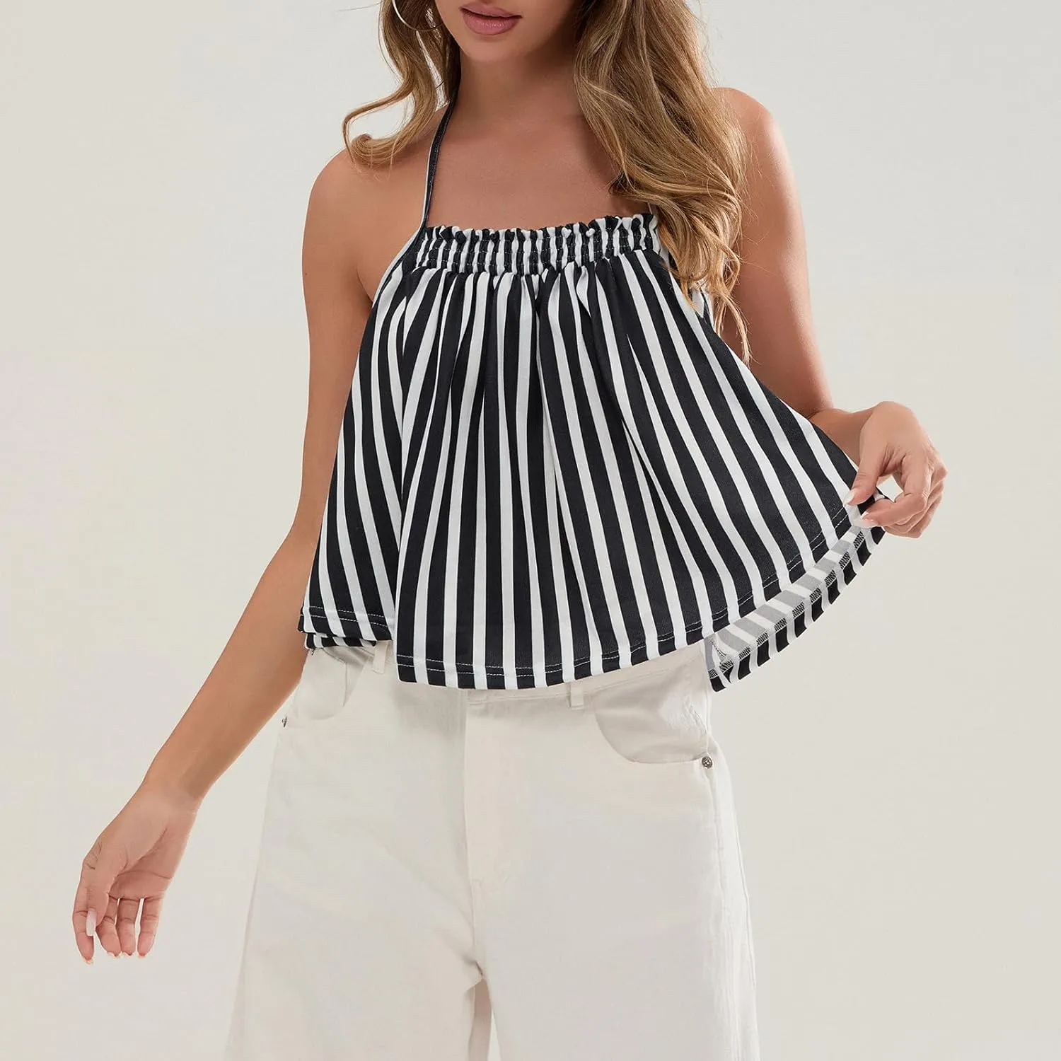 Women Halter Tank Top Peplum Camisole Striped Backless Sleeveless Ruffle Crop Top Pleated Flowy Y2k Cami Shirt