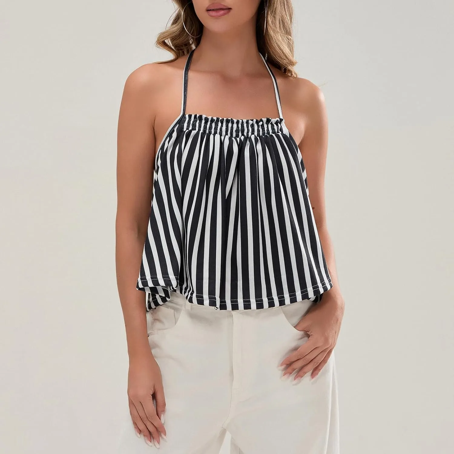 Women Halter Tank Top Peplum Camisole Striped Backless Sleeveless Ruffle Crop Top Pleated Flowy Y2k Cami Shirt