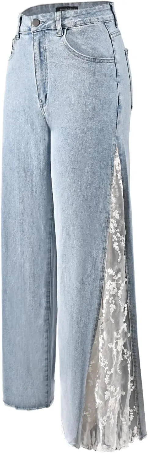 Women High Waisted Jeans Straight Wide Leg Pants Causal Patchwork Denim Pants with Lace