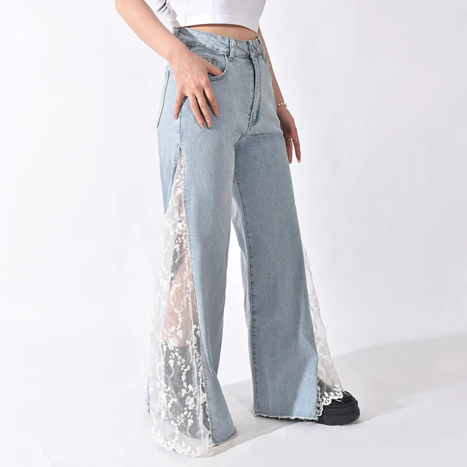 Women High Waisted Jeans Straight Wide Leg Pants Causal Patchwork Denim Pants with Lace