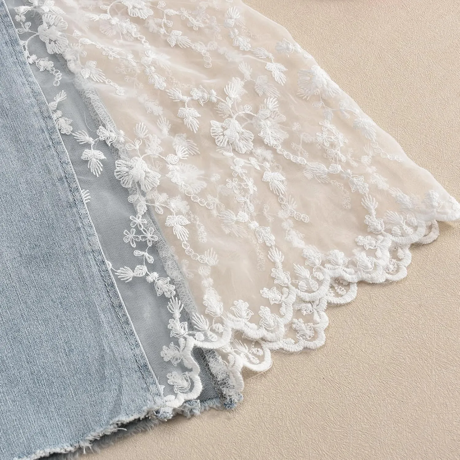 Women High Waisted Jeans Straight Wide Leg Pants Causal Patchwork Denim Pants with Lace