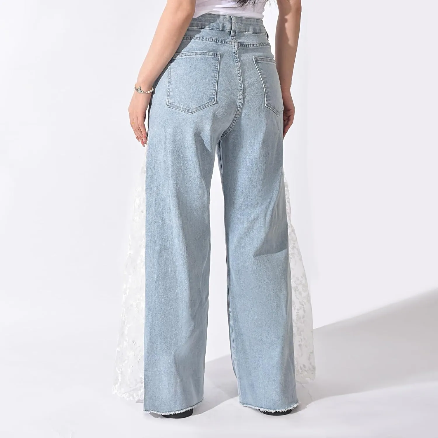 Women High Waisted Jeans Straight Wide Leg Pants Causal Patchwork Denim Pants with Lace