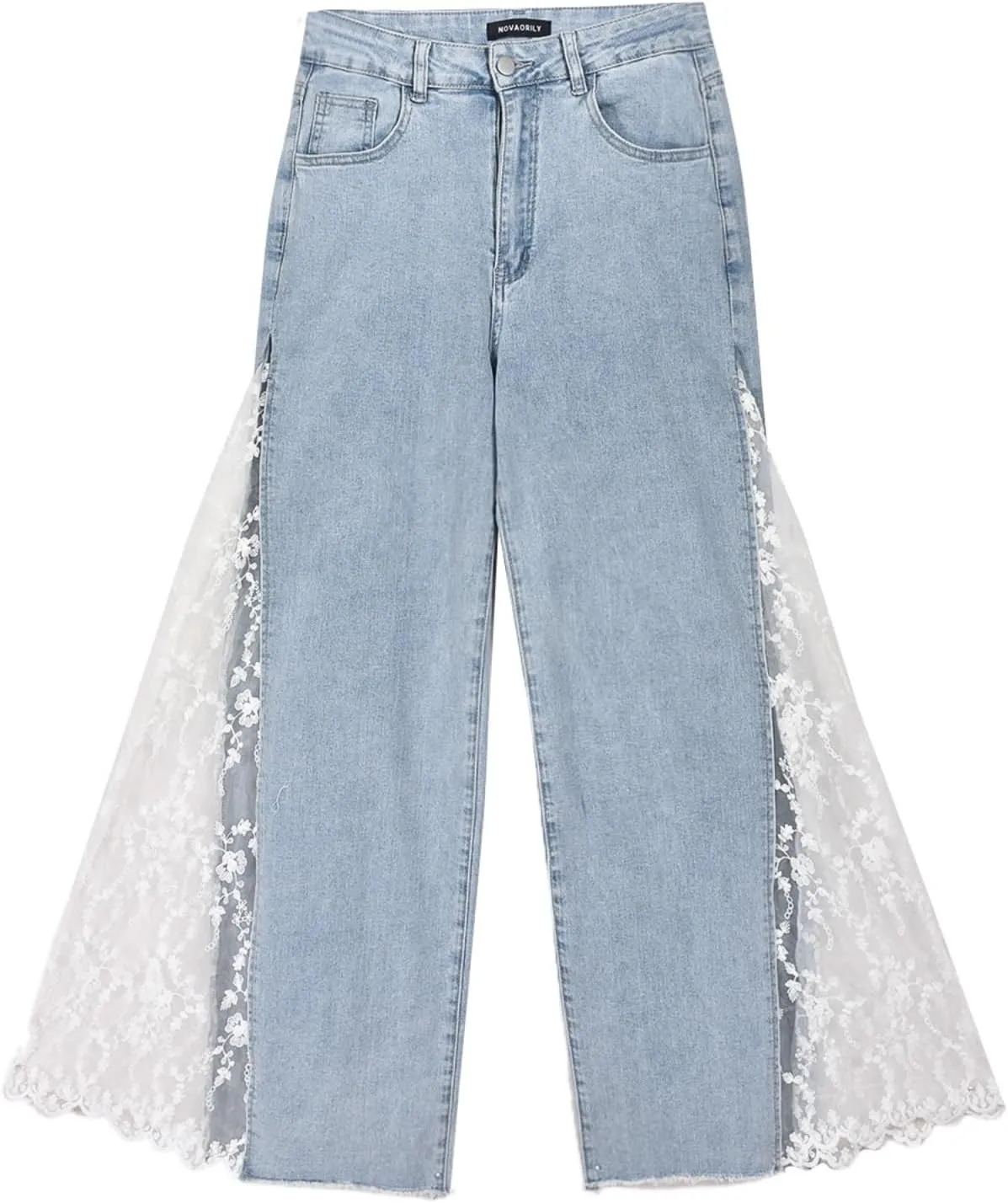 Women High Waisted Jeans Straight Wide Leg Pants Causal Patchwork Denim Pants with Lace