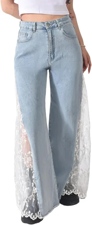 Women High Waisted Jeans Straight Wide Leg Pants Causal Patchwork Denim Pants with Lace