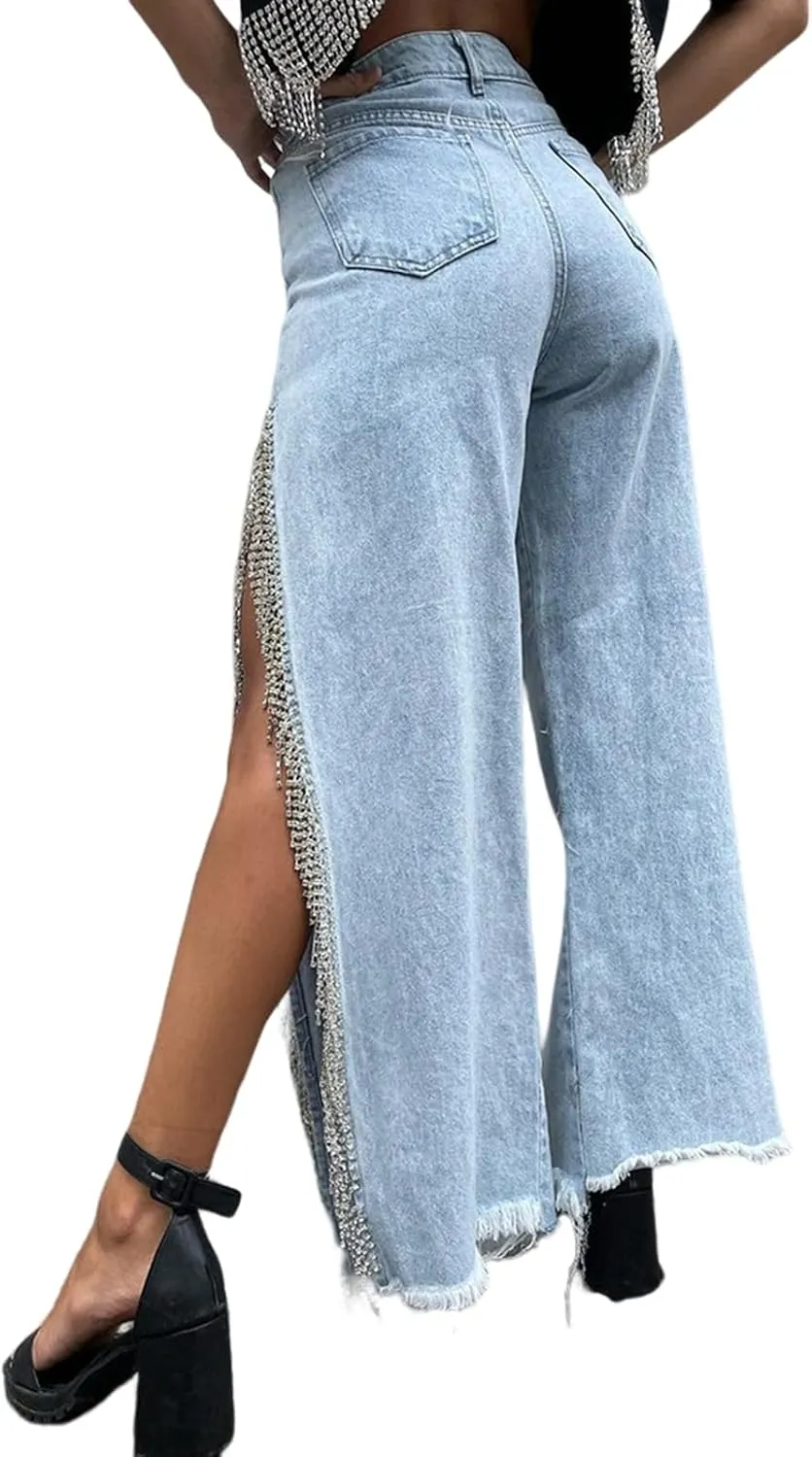 Women High Waisted Jeans Straight Wide Leg Pants with Rhinestone Fringe Trim Split On The Side
