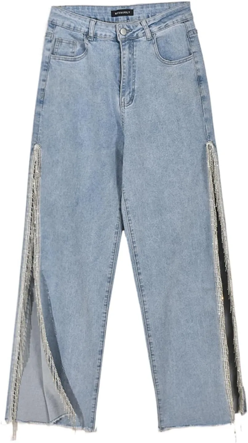 Women High Waisted Jeans Straight Wide Leg Pants with Rhinestone Fringe Trim Split On The Side