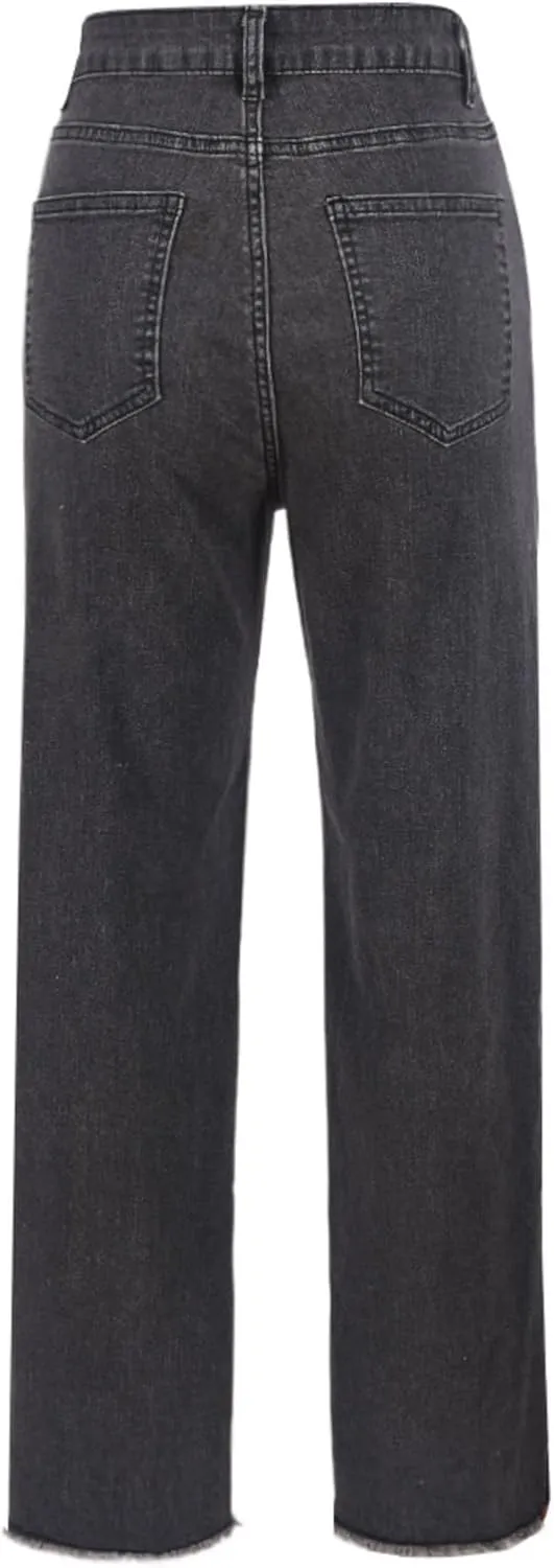 Women High Waisted Jeans Straight Wide Leg Pants with Rhinestone Fringe Trim Split On The Side