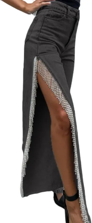 Women High Waisted Jeans Straight Wide Leg Pants with Rhinestone Fringe Trim Split On The Side
