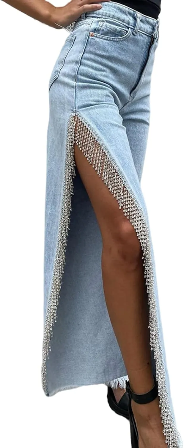 Women High Waisted Jeans Straight Wide Leg Pants with Rhinestone Fringe Trim Split On The Side