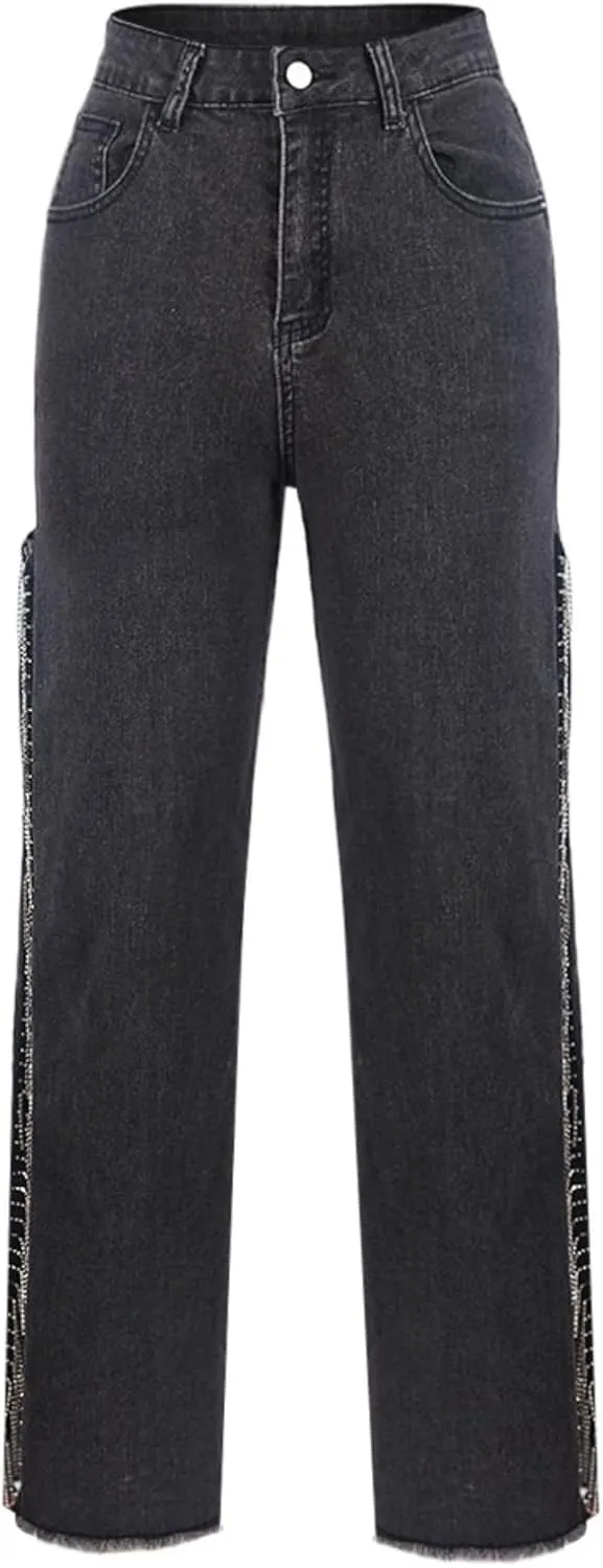 Women High Waisted Jeans Straight Wide Leg Pants with Rhinestone Fringe Trim Split On The Side