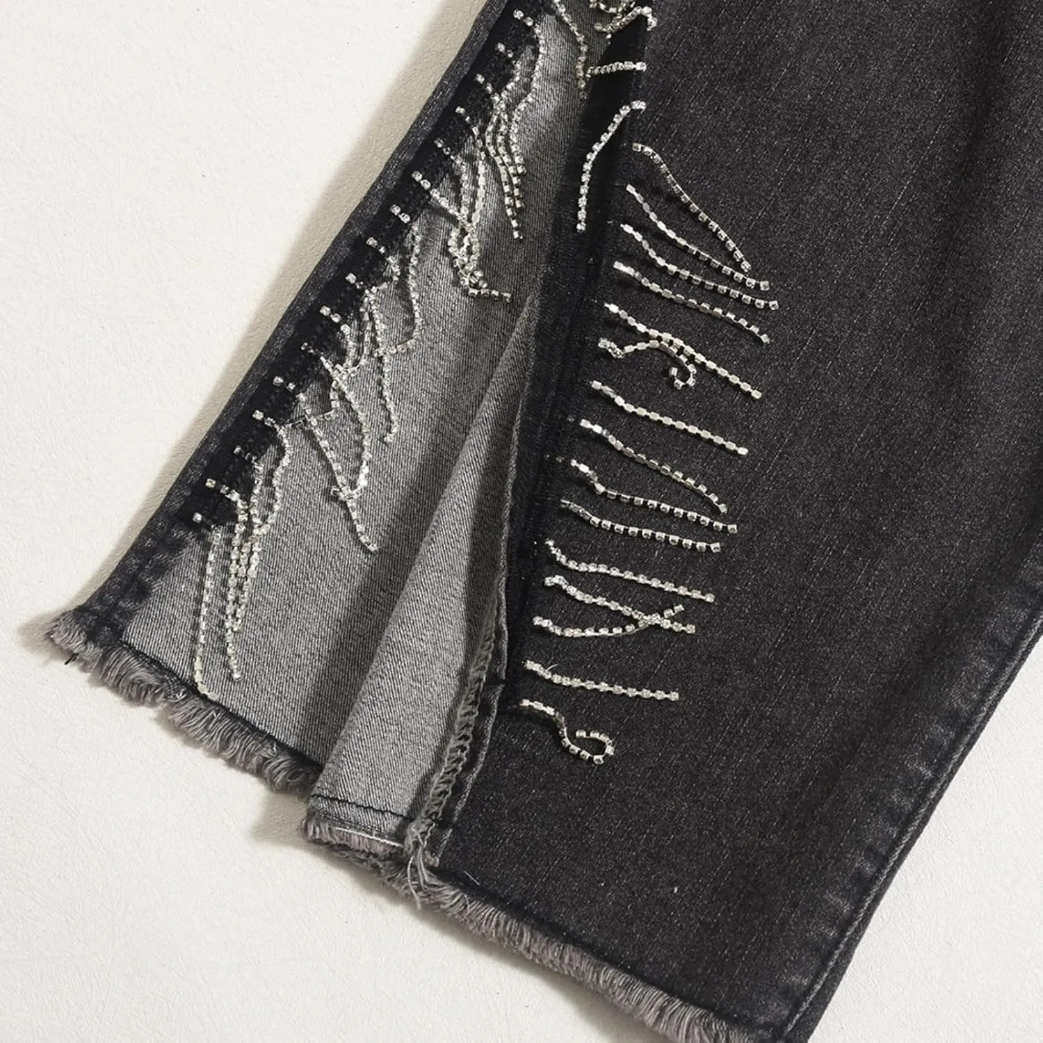 Women High Waisted Jeans Straight Wide Leg Pants with Rhinestone Fringe Trim Split On The Side