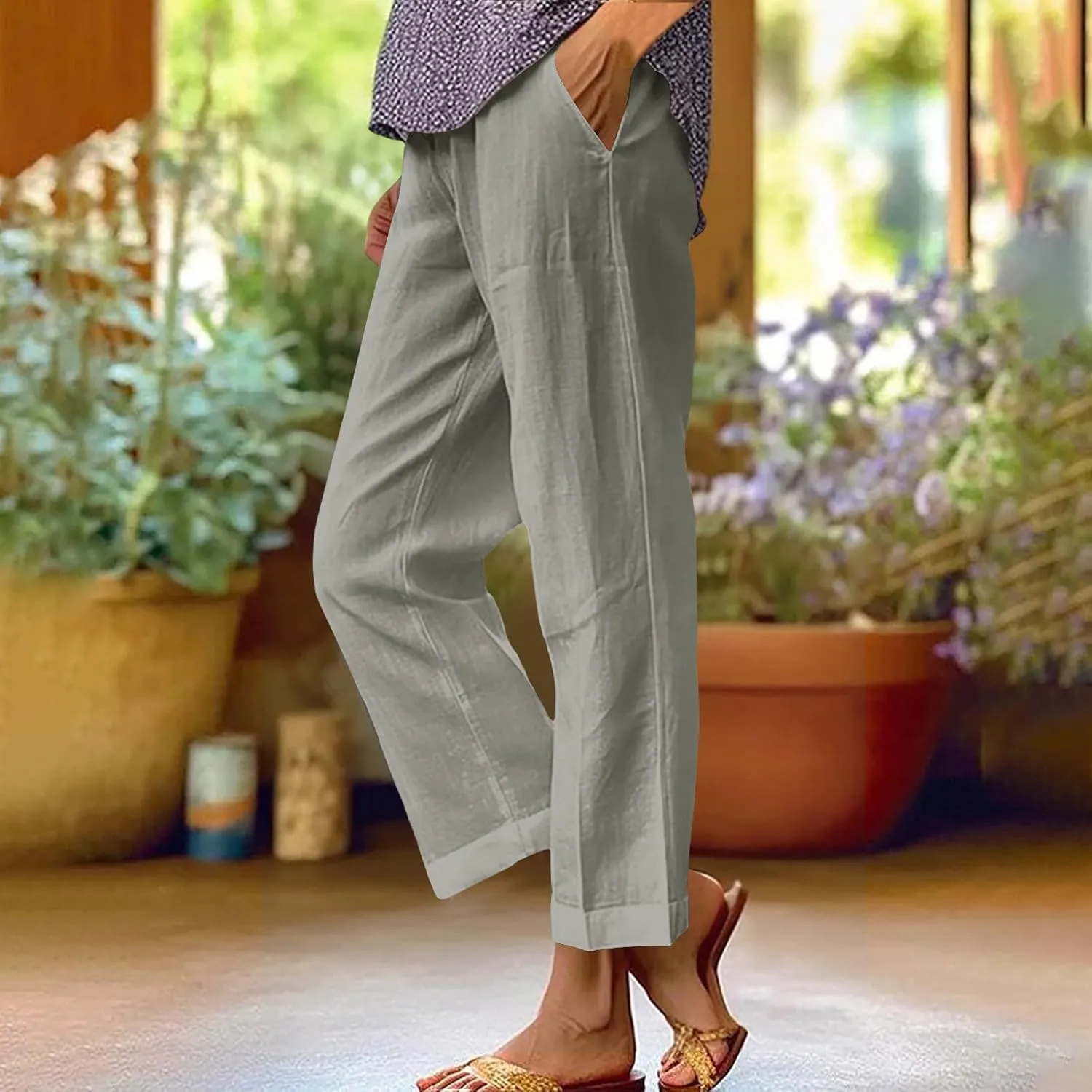 Women Plus Size Casual Pants Summer Cotton Linen Loose Fit Wide Leg Straight Trousers Lightweight Pant with Pockets