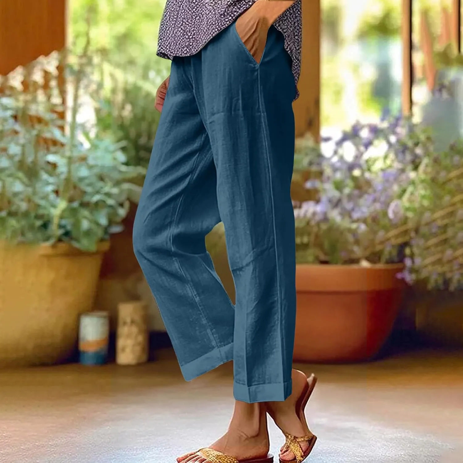 Women Plus Size Casual Pants Summer Cotton Linen Loose Fit Wide Leg Straight Trousers Lightweight Pant with Pockets