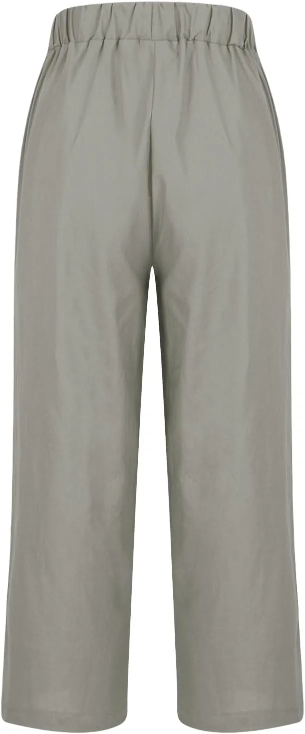 Women Plus Size Casual Pants Summer Cotton Linen Loose Fit Wide Leg Straight Trousers Lightweight Pant with Pockets