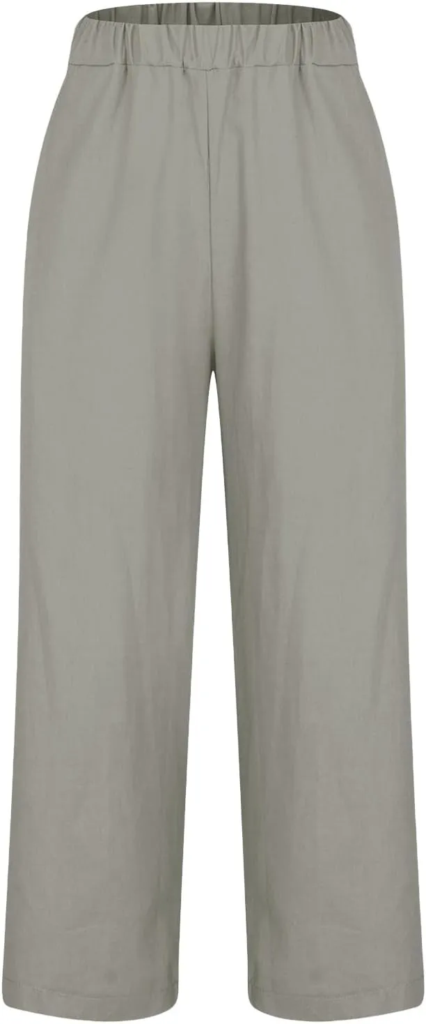 Women Plus Size Casual Pants Summer Cotton Linen Loose Fit Wide Leg Straight Trousers Lightweight Pant with Pockets
