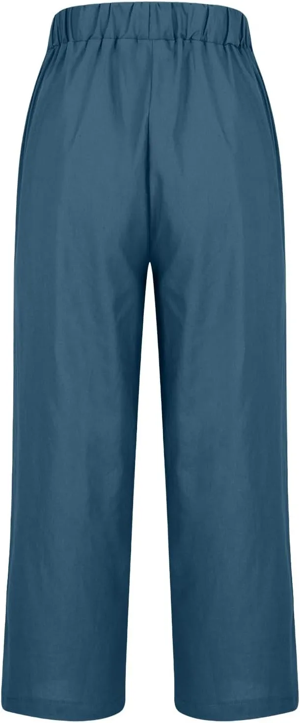 Women Plus Size Casual Pants Summer Cotton Linen Loose Fit Wide Leg Straight Trousers Lightweight Pant with Pockets