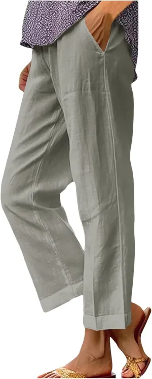Women Plus Size Casual Pants Summer Cotton Linen Loose Fit Wide Leg Straight Trousers Lightweight Pant with Pockets