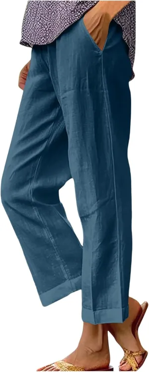 Women Plus Size Casual Pants Summer Cotton Linen Loose Fit Wide Leg Straight Trousers Lightweight Pant with Pockets