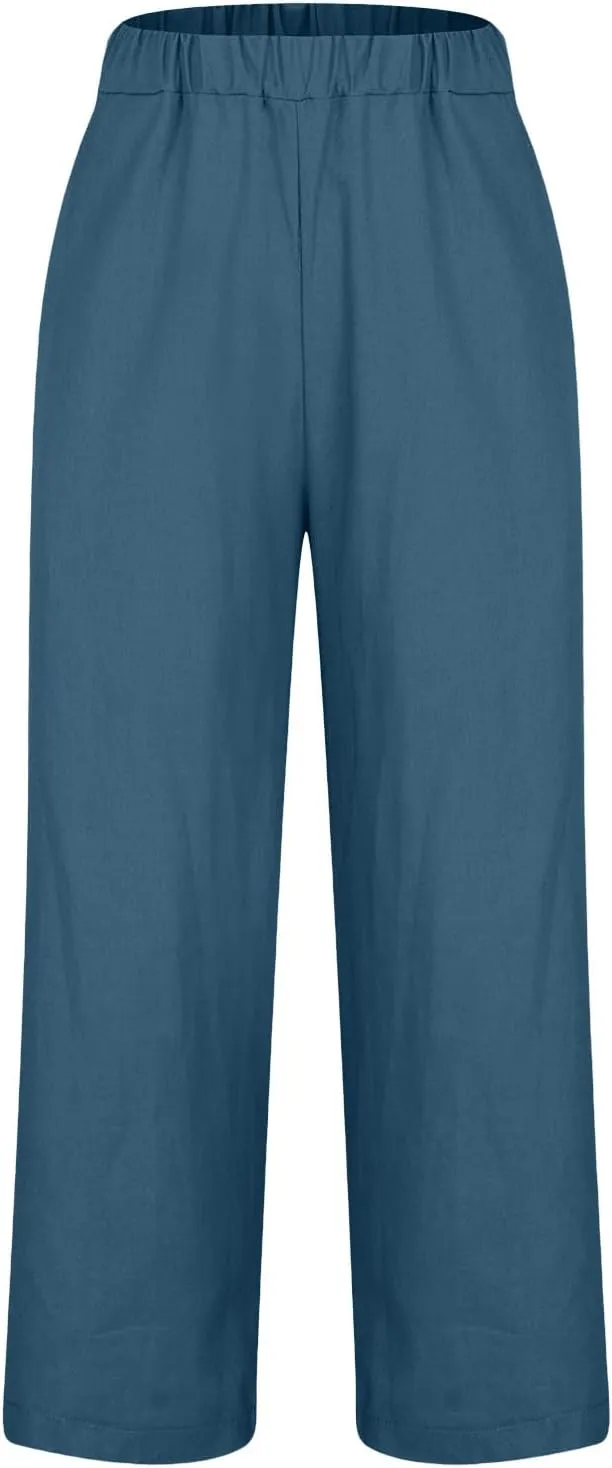 Women Plus Size Casual Pants Summer Cotton Linen Loose Fit Wide Leg Straight Trousers Lightweight Pant with Pockets