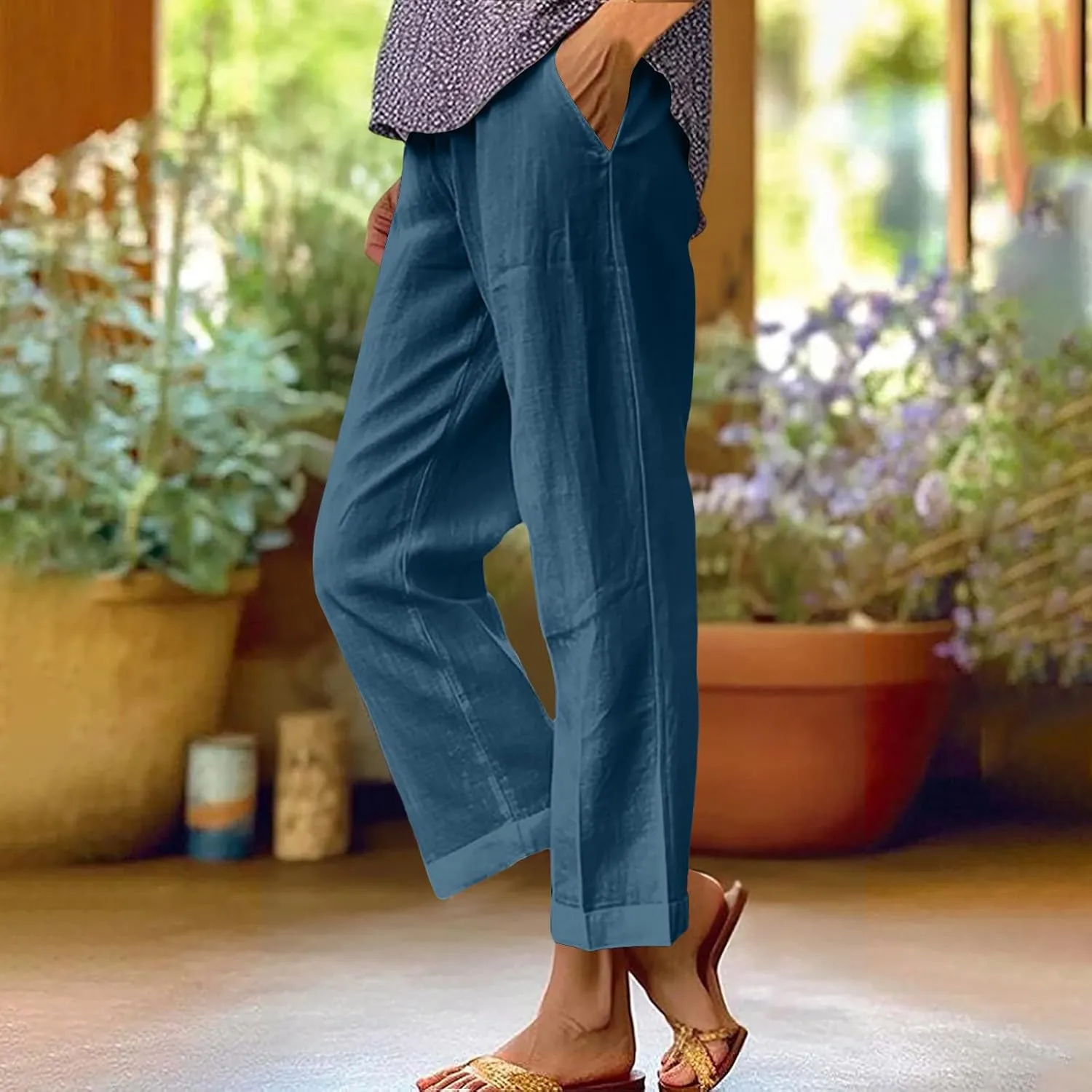 Women Plus Size Casual Pants Summer Cotton Linen Loose Fit Wide Leg Straight Trousers Lightweight Pant with Pockets